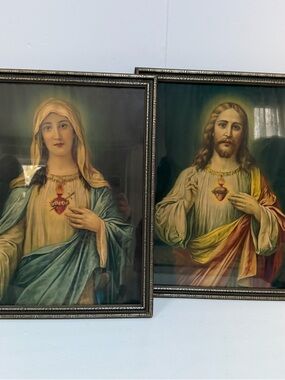 Rare Pair of Sacred Heart of Jesus and Mary Religious Framed Prints 16x20”